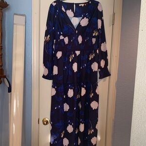 Navy Floral V-Neck Maxi Dress with Pink Blooms